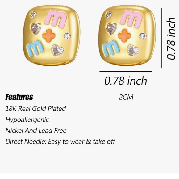 Gold Stud Earrings with M Accents and rhinestone hearts luxury designer … - Picture 3 of 4
